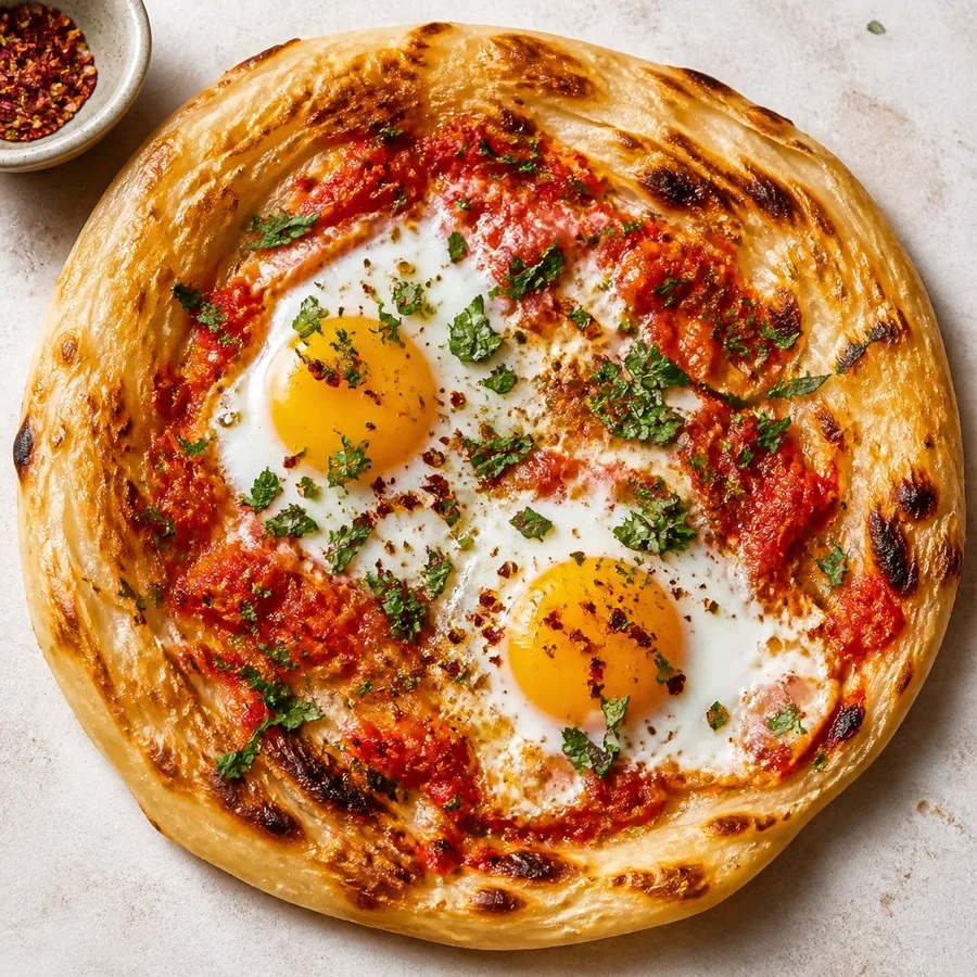 Israeli Malawach-Inspired Tomato Egg Flatbread, finished dish