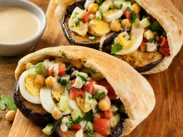Israeli Sabich Eggplant Pitas with egg chickpeas and tahini
