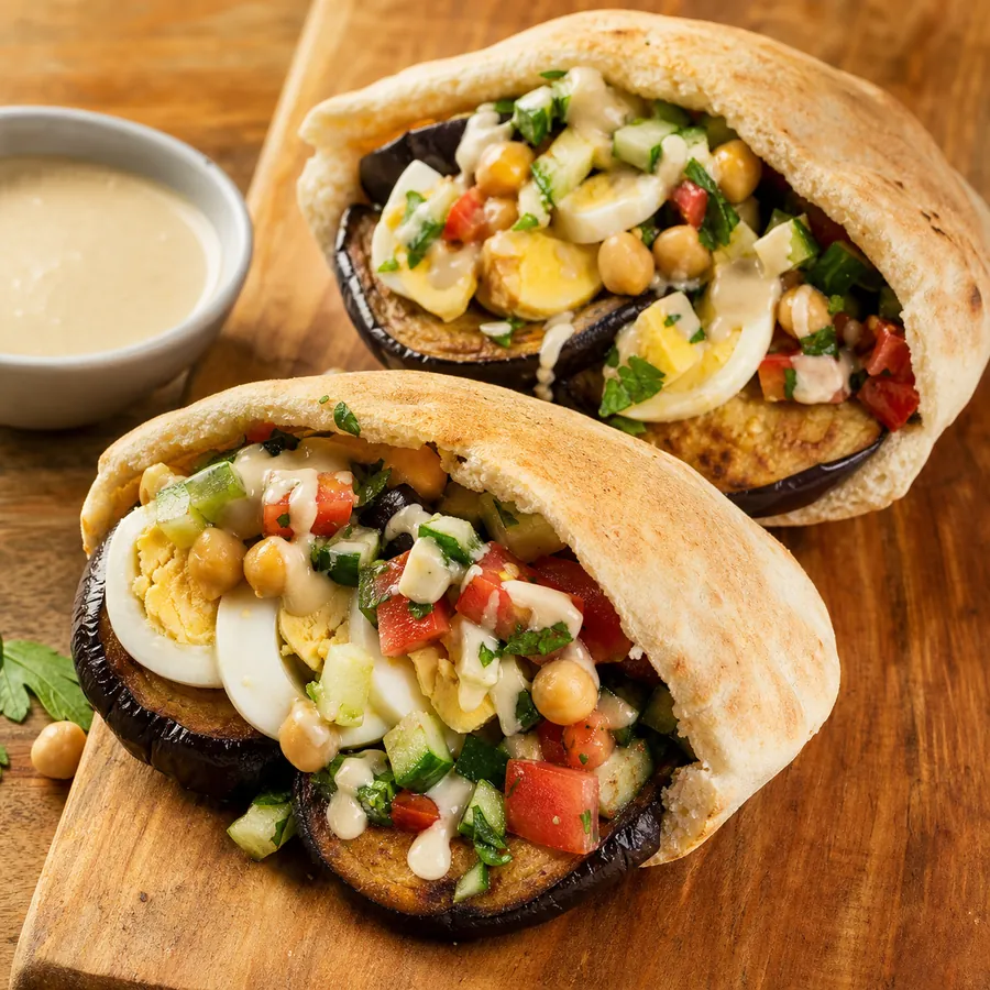 Israeli Sabich Eggplant Pitas with egg chickpeas and tahini