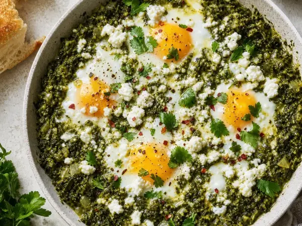 Israeli Shakshuka Verde with Feta, finished dish