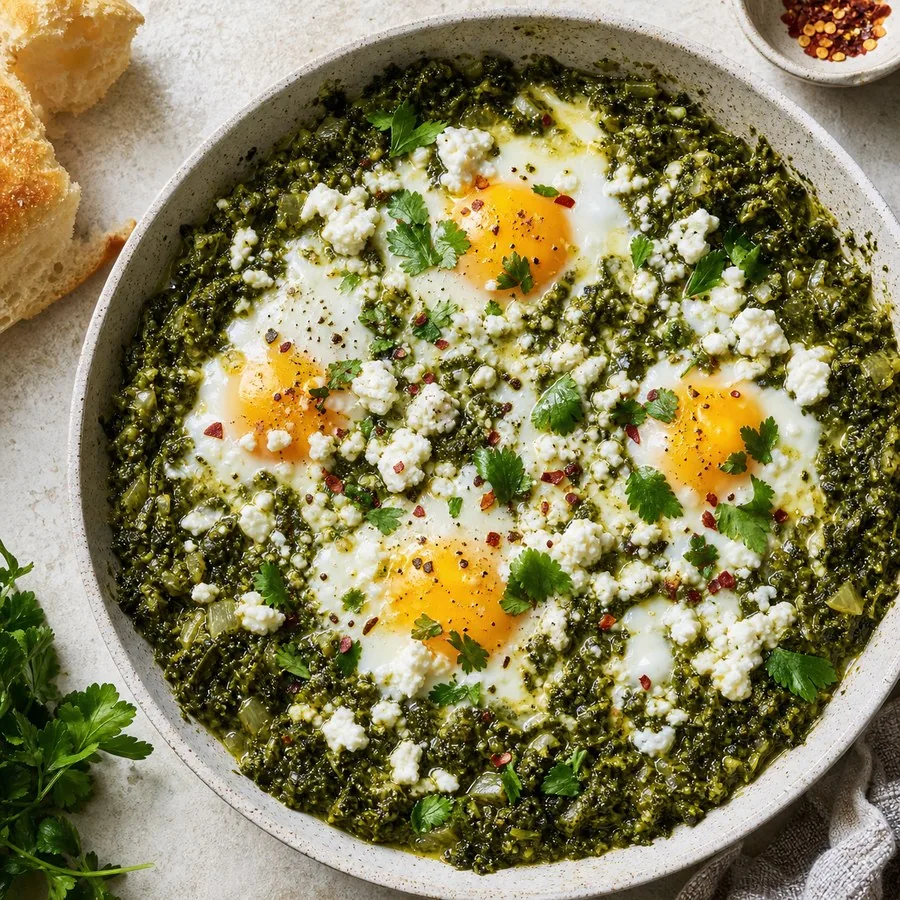 Israeli Shakshuka Verde with Feta, finished dish