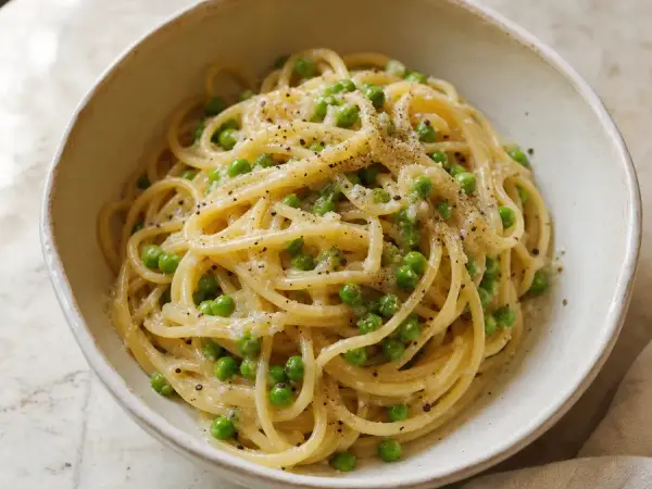 Cacio e pepe spaghetti with green peas and black pepper