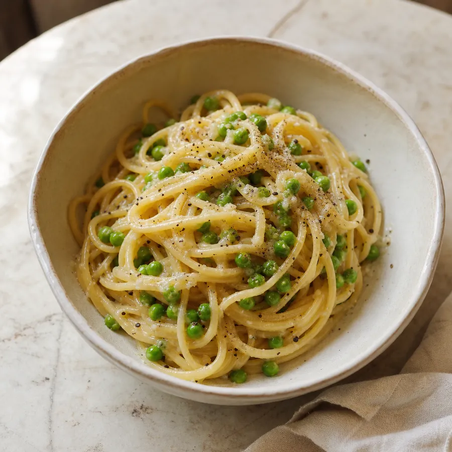 Cacio e pepe spaghetti with green peas and black pepper