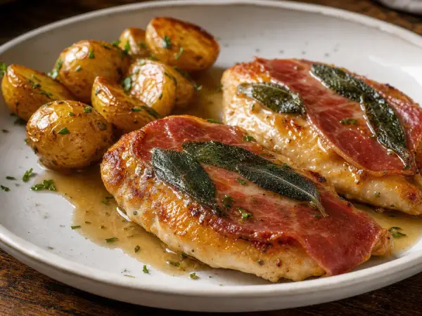 Chicken saltimbocca with sage, prosciutto and roasted potatoes
