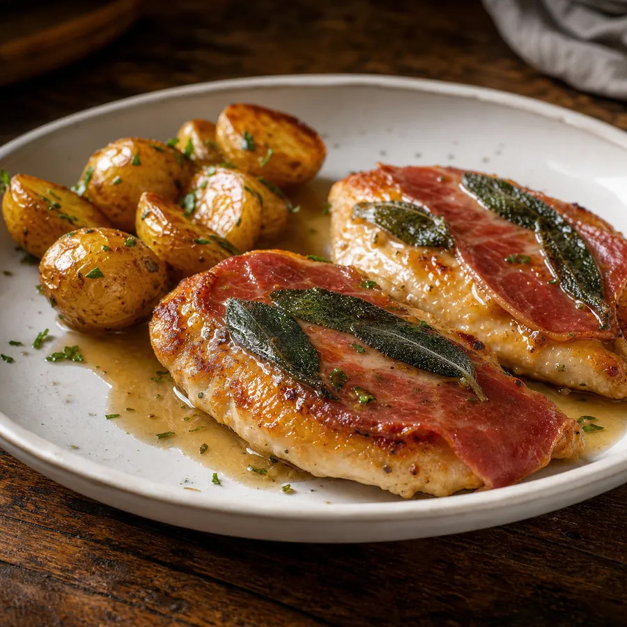 Chicken saltimbocca with sage, prosciutto and roasted potatoes