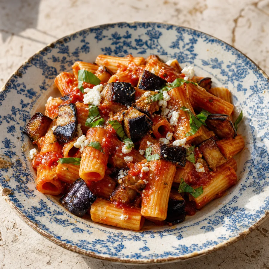 Italian Pasta alla Norma with Eggplant, finished dish