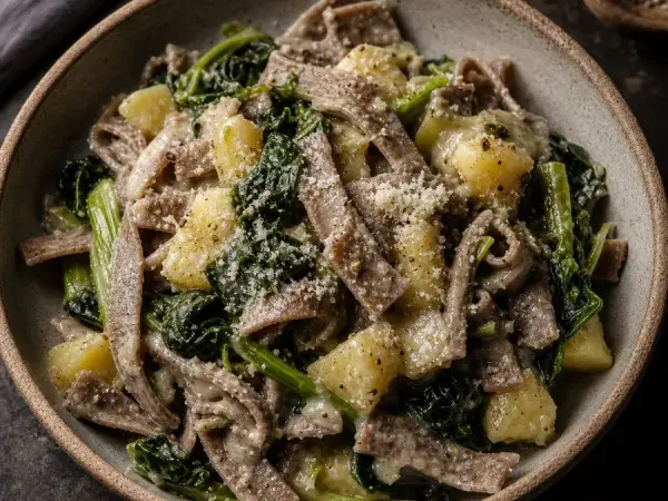 Italian Pizzoccheri with Greens and Potato, finished dish