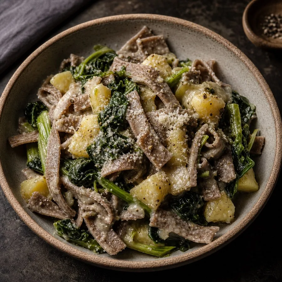 Italian Pizzoccheri with Greens and Potato, finished dish