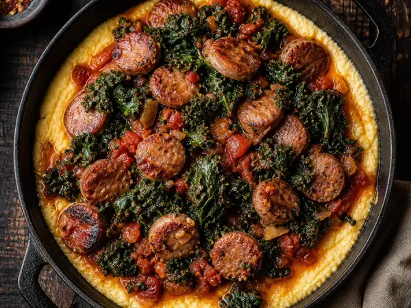 Creamy polenta topped with sausage, kale and tomato sauce
