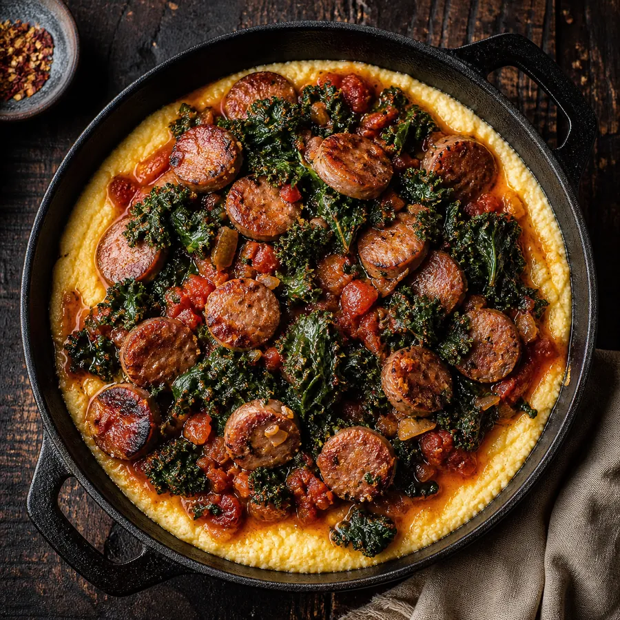 Creamy polenta topped with sausage, kale and tomato sauce