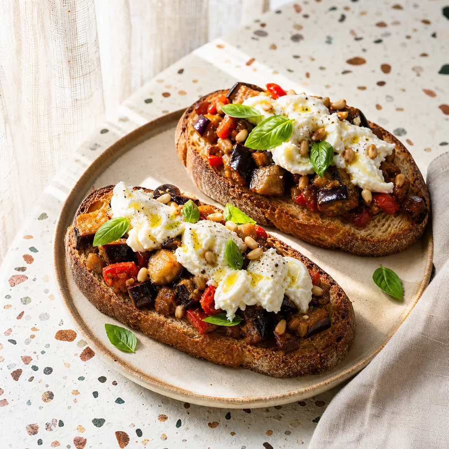 Caponata and burrata piled on toasted sourdough