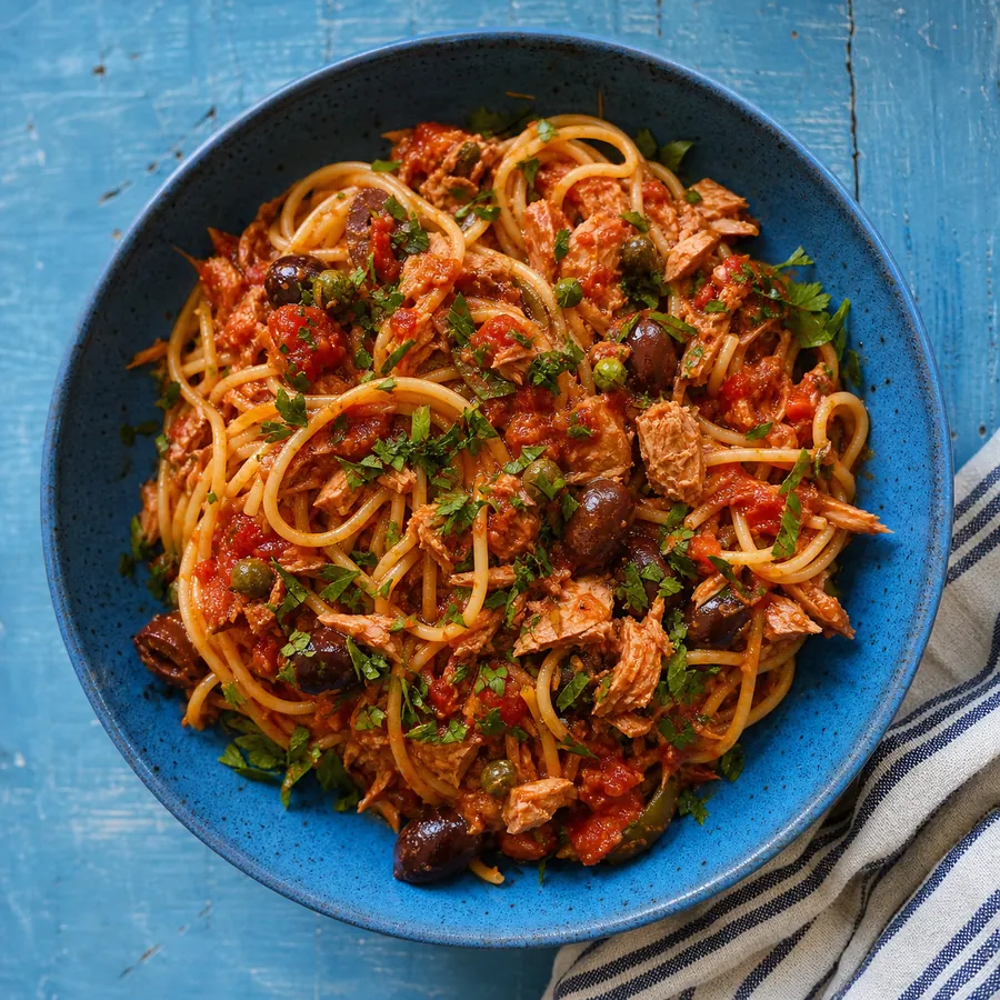 Spaghetti with tuna, tomato sauce, olives and capers