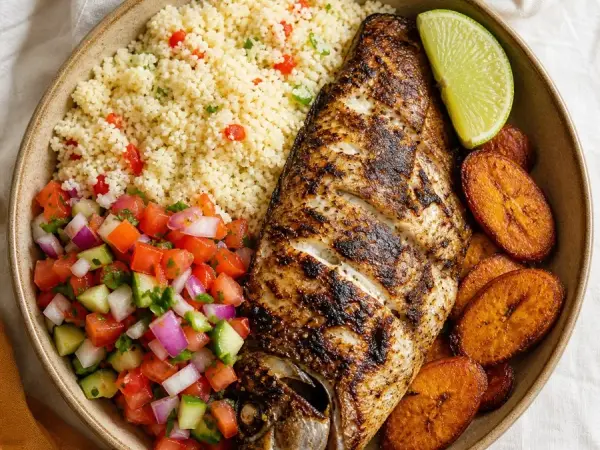 Ivorian Attieke Bowl with Grilled Tilapia, plated as a finished dinner