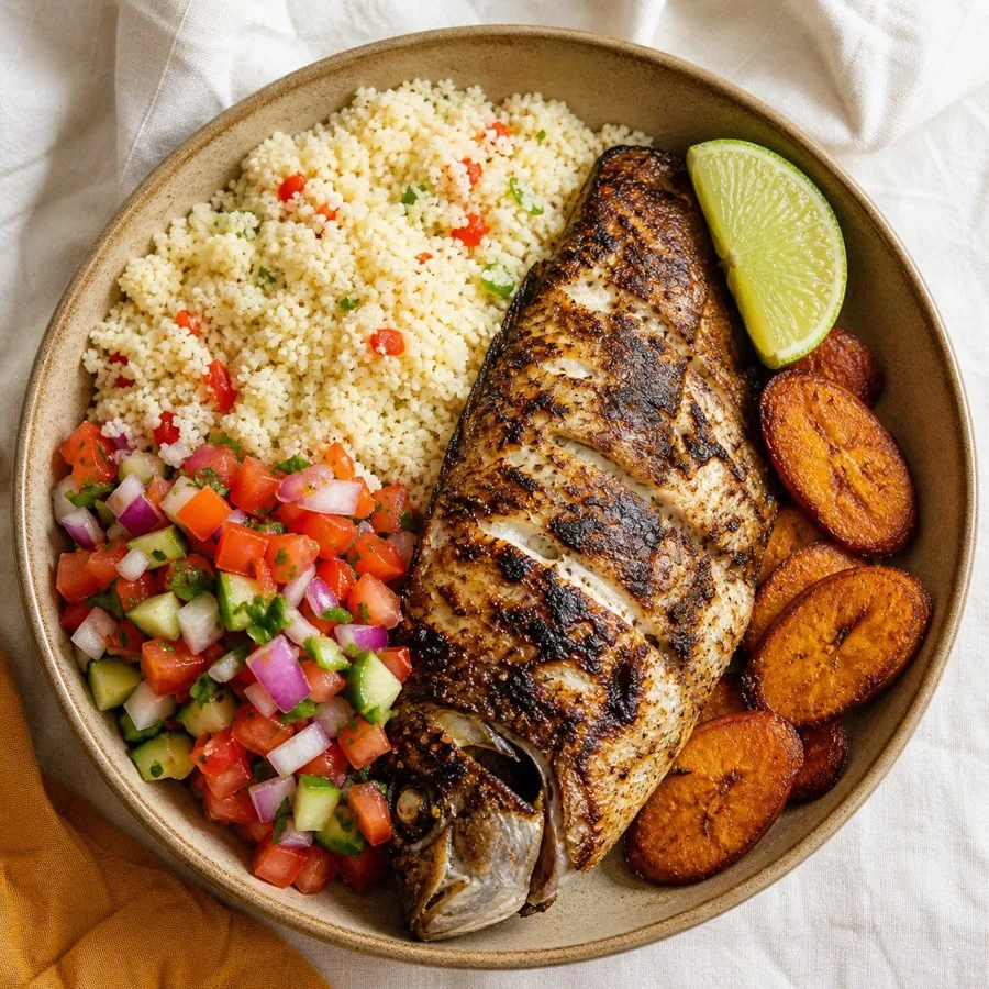 Ivorian Attieke Bowl with Grilled Tilapia, plated as a finished dinner