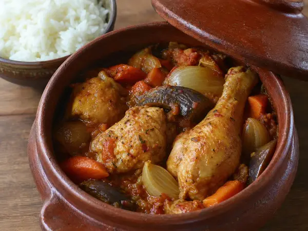 Ivorian Kedjenou Chicken with vegetables in a clay pot