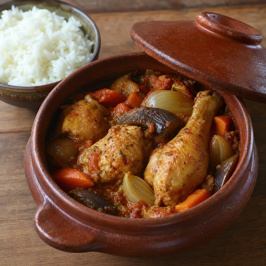 Ivorian Kedjenou Chicken with vegetables in a clay pot