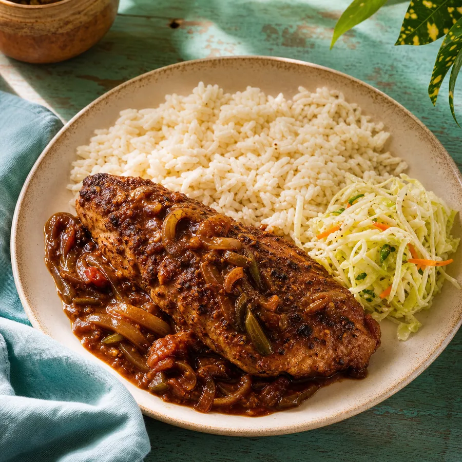 Brown stew fish with tomato-pepper gravy and white rice