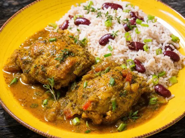 Golden curry chicken with coconut rice and kidney beans