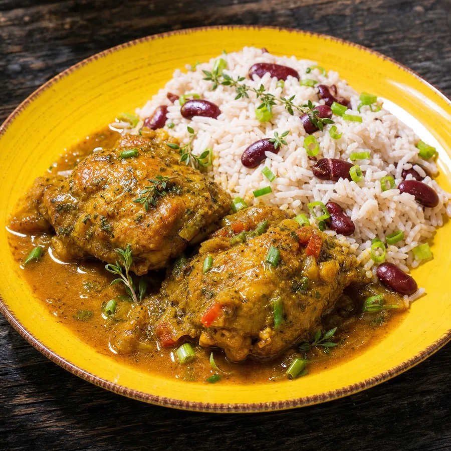 Golden curry chicken with coconut rice and kidney beans