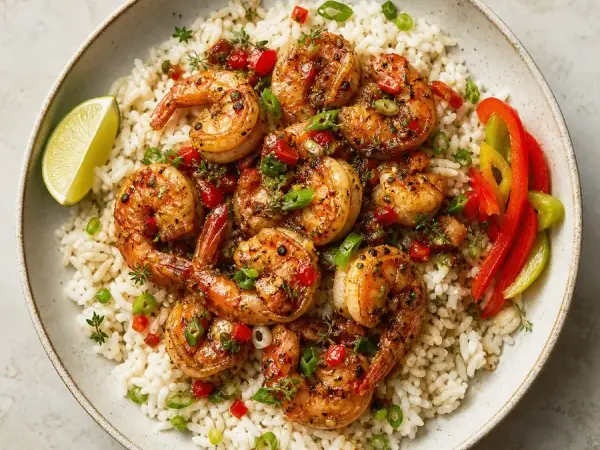 Jamaican Pepper Shrimp Coconut Rice, finished dish