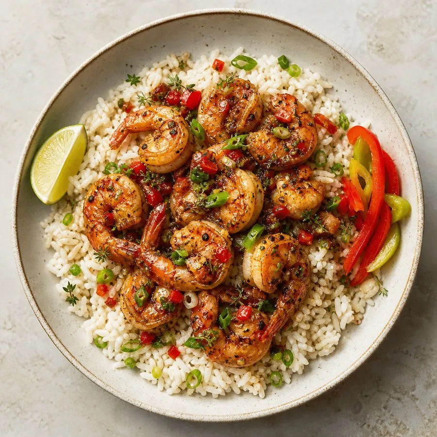 Jamaican Pepper Shrimp Coconut Rice, finished dish