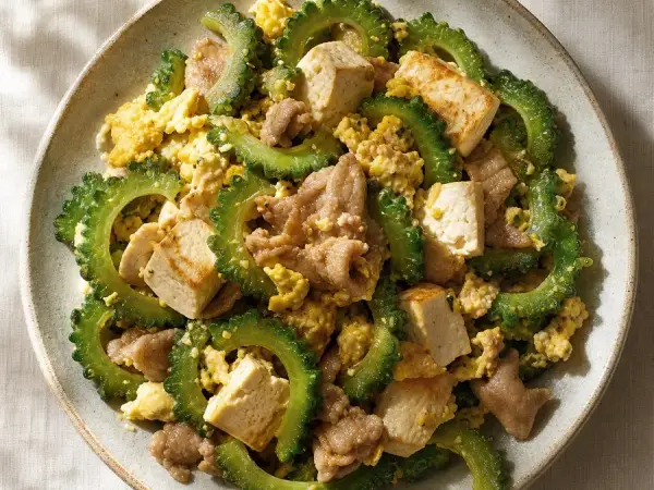 Japanese Goya Champuru with Tofu, original finished dish food photograph