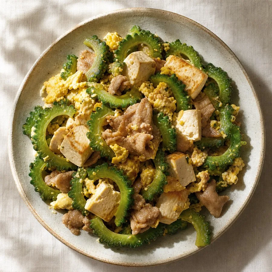 Japanese Goya Champuru with Tofu, original finished dish food photograph