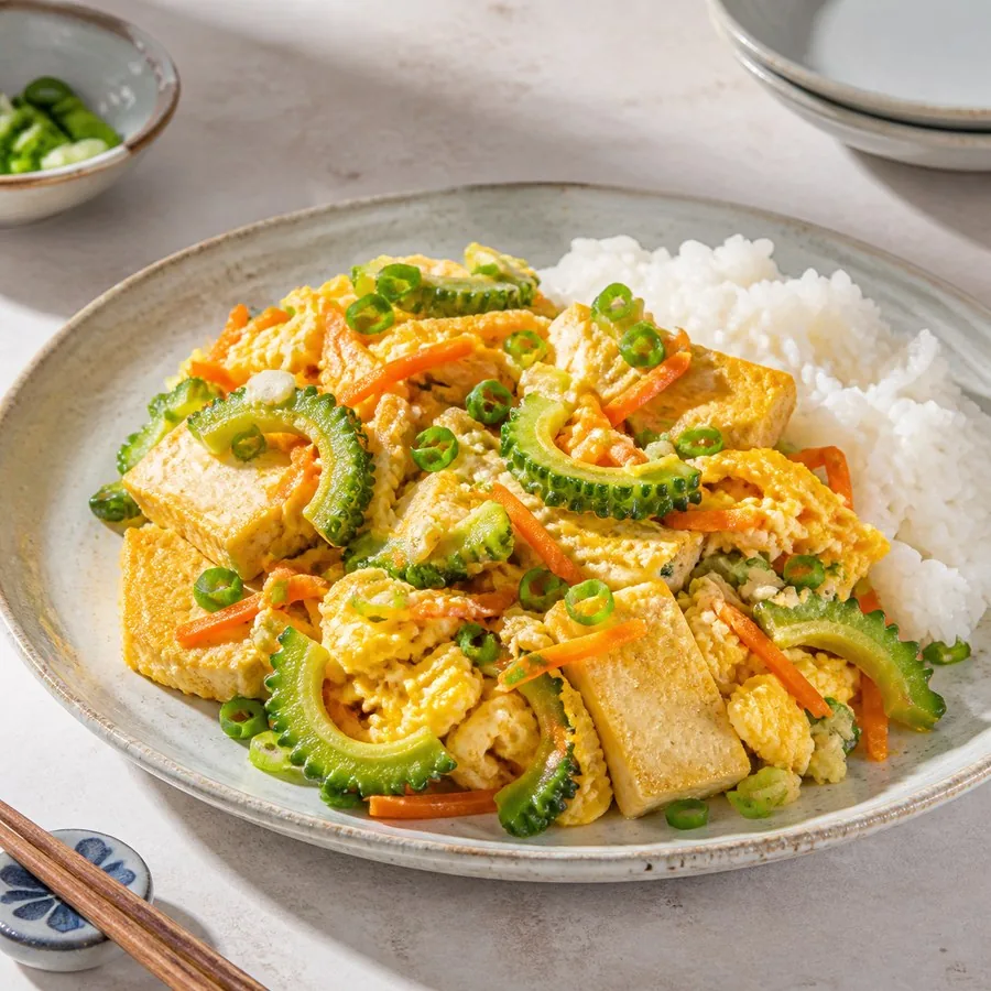 Japanese Goya Chanpuru Tofu Scramble, finished dish