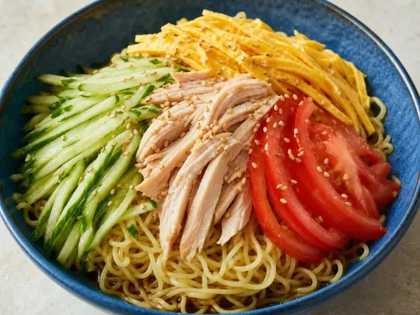 Japanese Hiyashi Chuka Chicken Noodles, original finished dish food photograph
