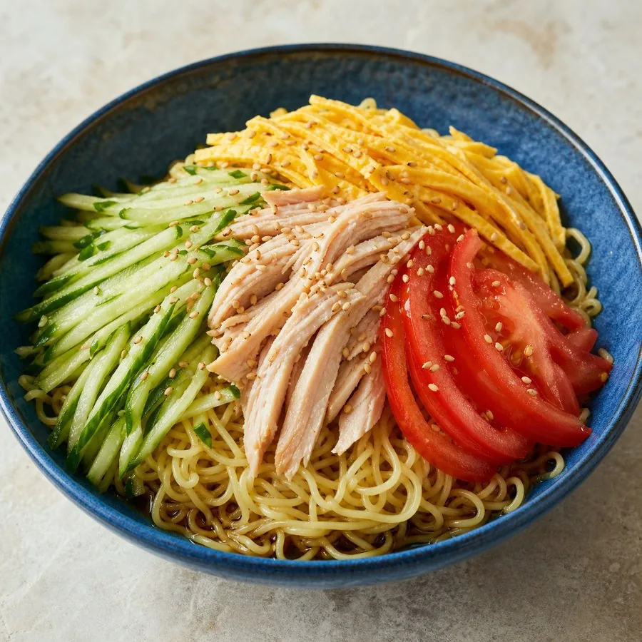 Japanese Hiyashi Chuka Chicken Noodles, original finished dish food photograph