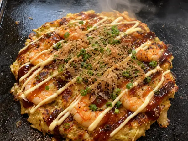 Japanese Okonomiyaki with Shrimp and Cabbage, finished dish