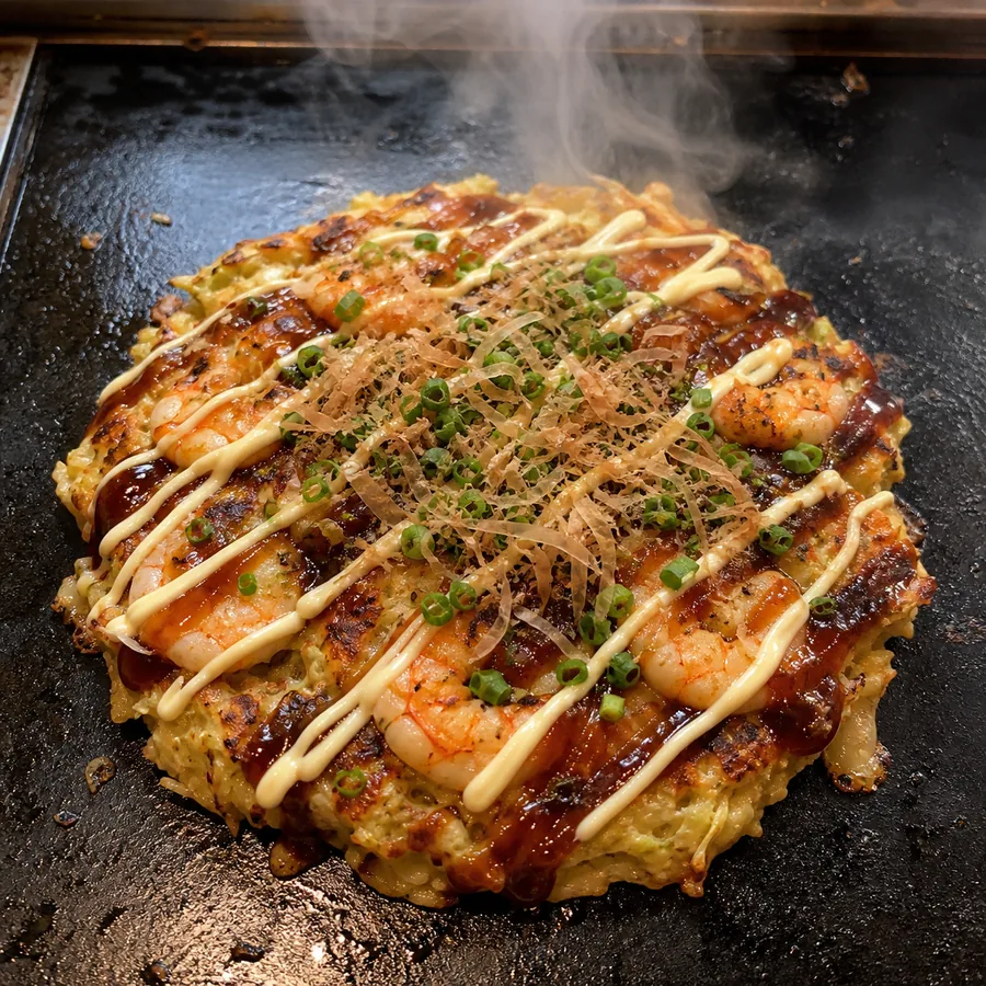 Japanese Okonomiyaki with Shrimp and Cabbage, finished dish