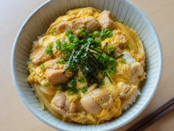 Japanese Oyako Don with Scallions, finished dish