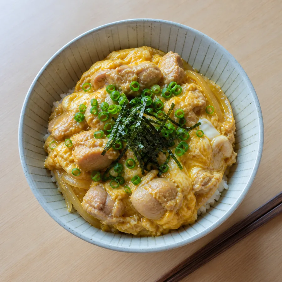 Japanese Oyako Don with Scallions, finished dish