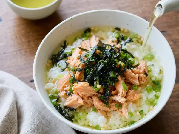 Japanese Salmon Ochazuke with Tea Broth, finished dish