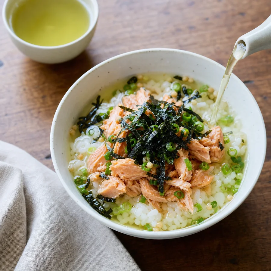 Japanese Salmon Ochazuke with Tea Broth, finished dish