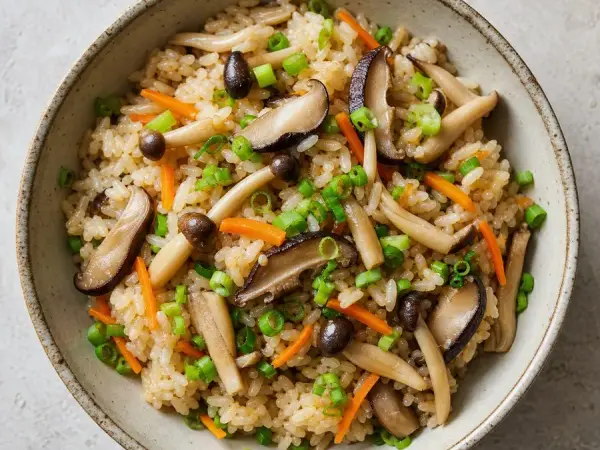 Japanese Takikomi Gohan Mushroom Rice, original finished dish food photograph