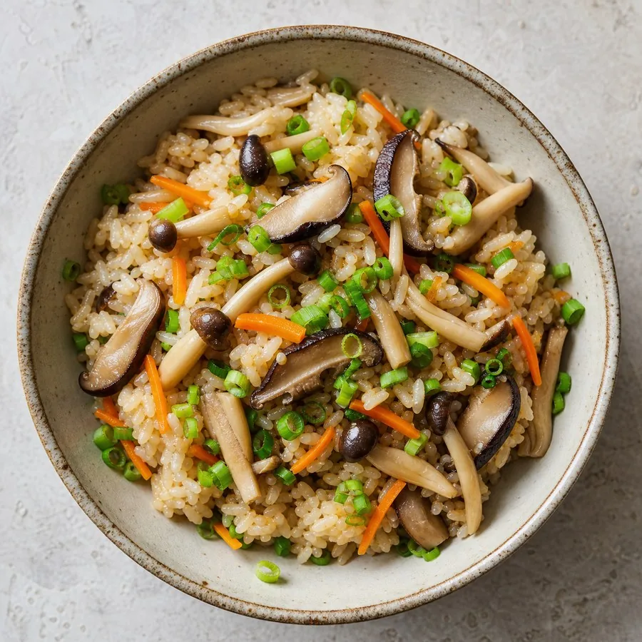 Japanese Takikomi Gohan Mushroom Rice, original finished dish food photograph