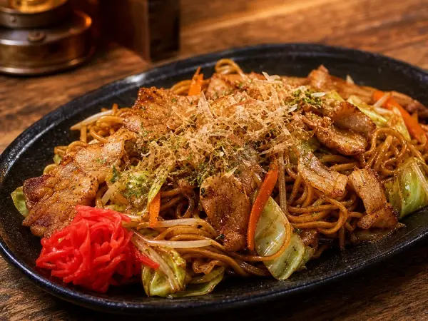 Japanese Yakisoba with Pork and Cabbage, finished dish