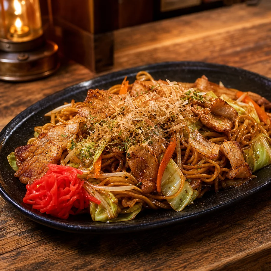 Japanese Yakisoba with Pork and Cabbage, finished dish