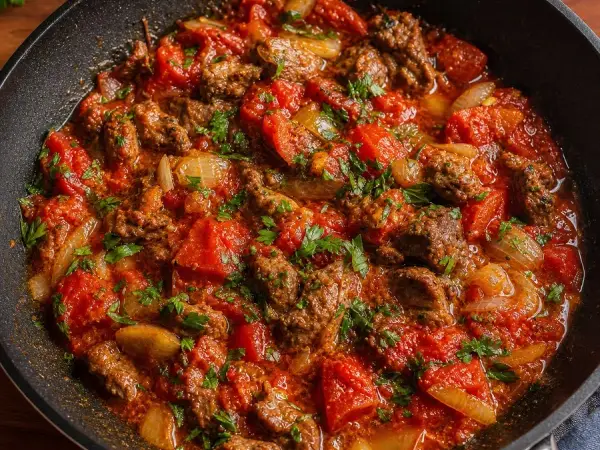 Jordanian Galayet Bandora Tomato Lamb Skillet, finished dish