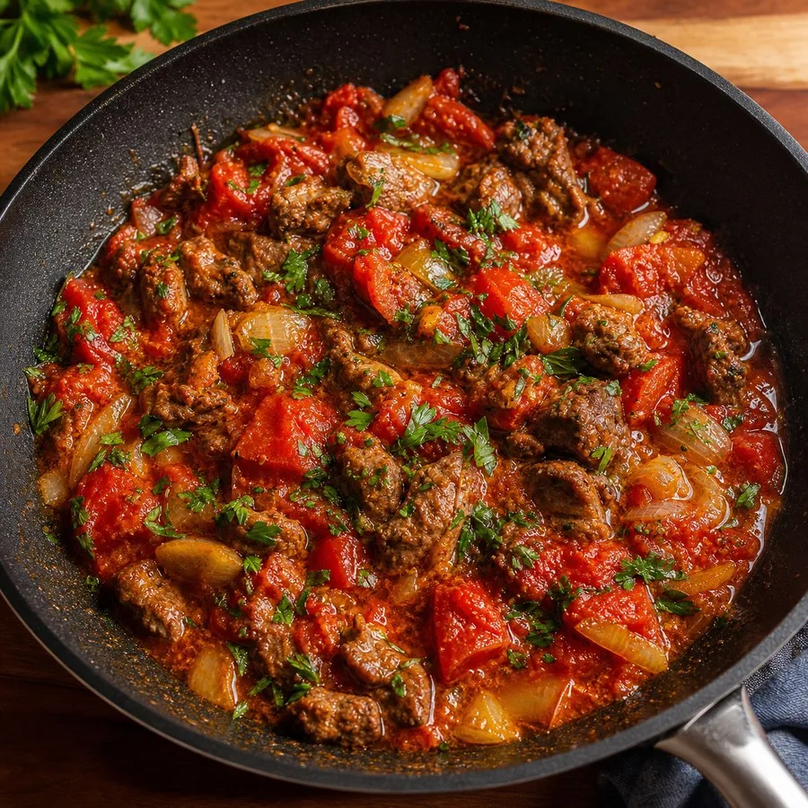 Jordanian Galayet Bandora Tomato Lamb Skillet, finished dish