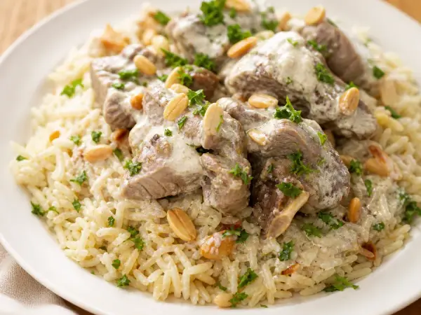 Jordanian Mansaf Lamb with yogurt rice and almonds