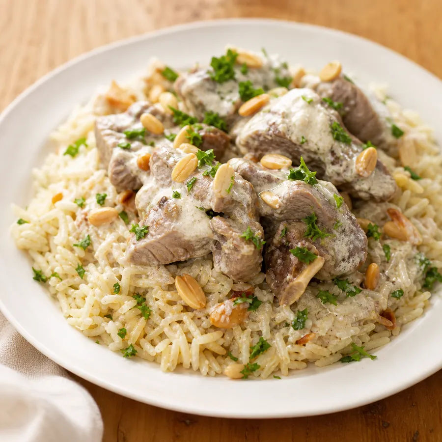 Jordanian Mansaf Lamb with yogurt rice and almonds