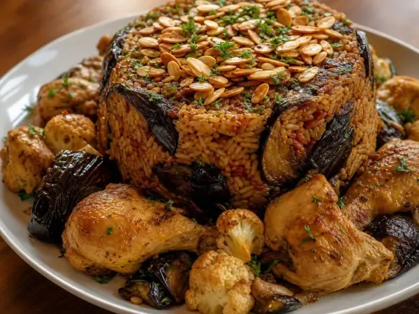 Jordanian Maqluba-inspired chicken eggplant and rice centerpiece