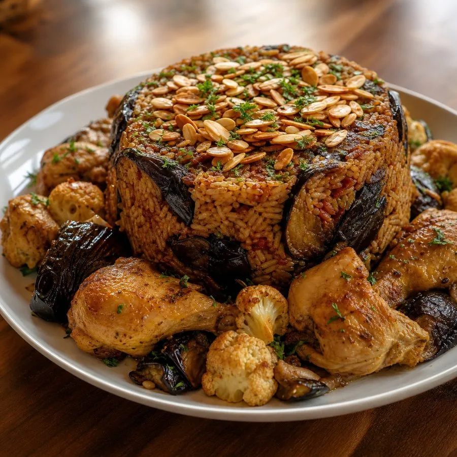 Jordanian Maqluba-inspired chicken eggplant and rice centerpiece
