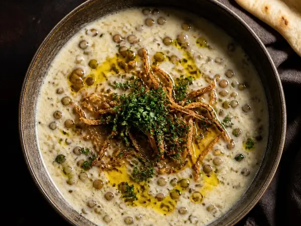 Jordanian Rashouf Lentil Yogurt Soup, finished dish