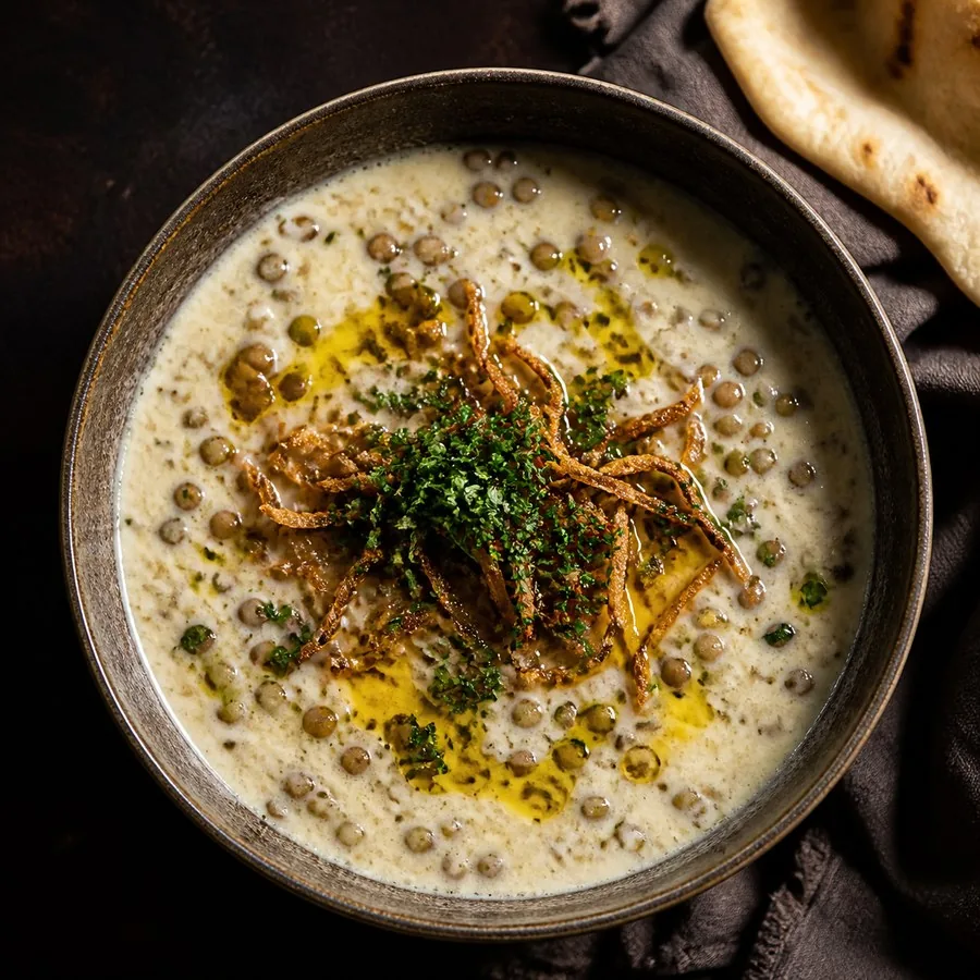 Jordanian Rashouf Lentil Yogurt Soup, finished dish