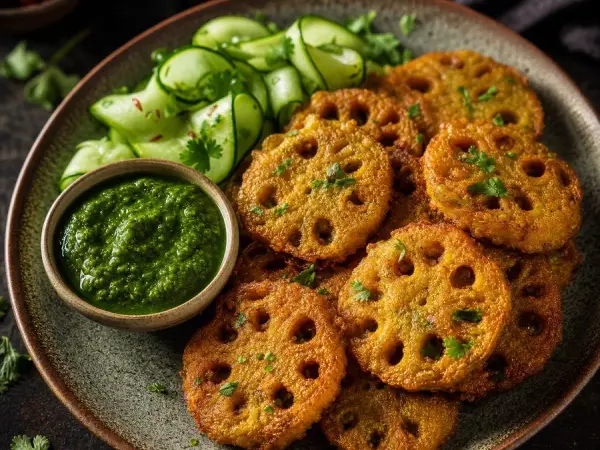 Kashmiri Nadru Monje Lotus Stem Fritters with Chutney, finished dish