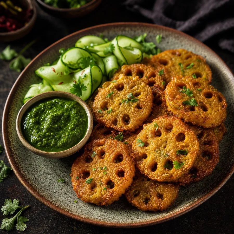 Kashmiri Nadru Monje Lotus Stem Fritters with Chutney, finished dish